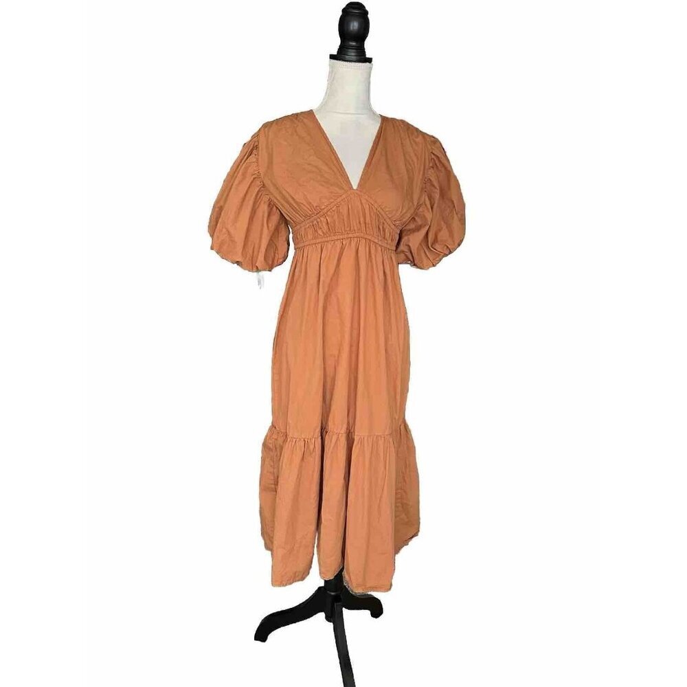 Jessica Simpson Empire Waist Midi Dress Puffy Sleeves V Neck Size M Cottage Core